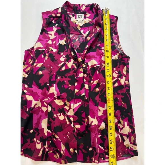 Anne Klein Blouse Women XS Pink Black Excellent Tie Neck Abstract Sleeveless - Picture 6 of 8